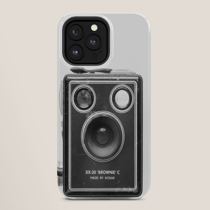 A Kodak Brownie analog vintage camera on a white background  Retro photography in black and white iPhone Case