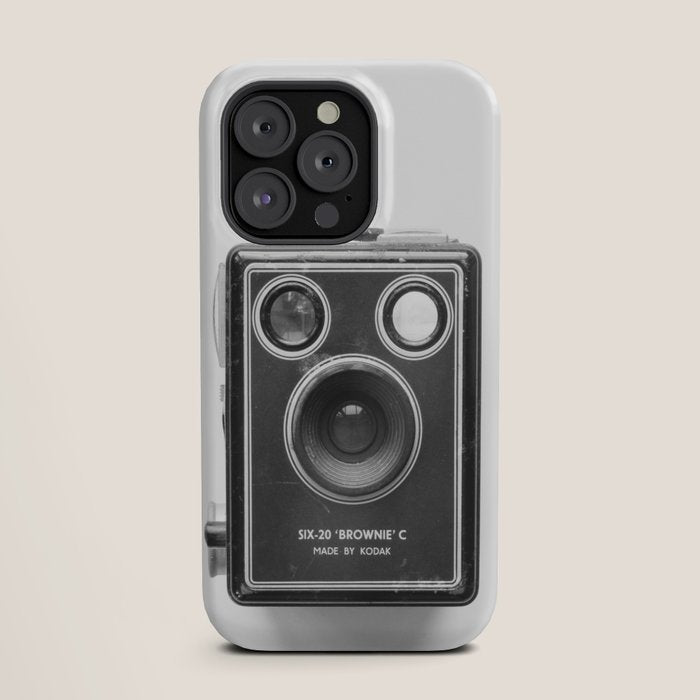 A Kodak Brownie analog vintage camera on a white background  Retro photography in black and white iPhone Case