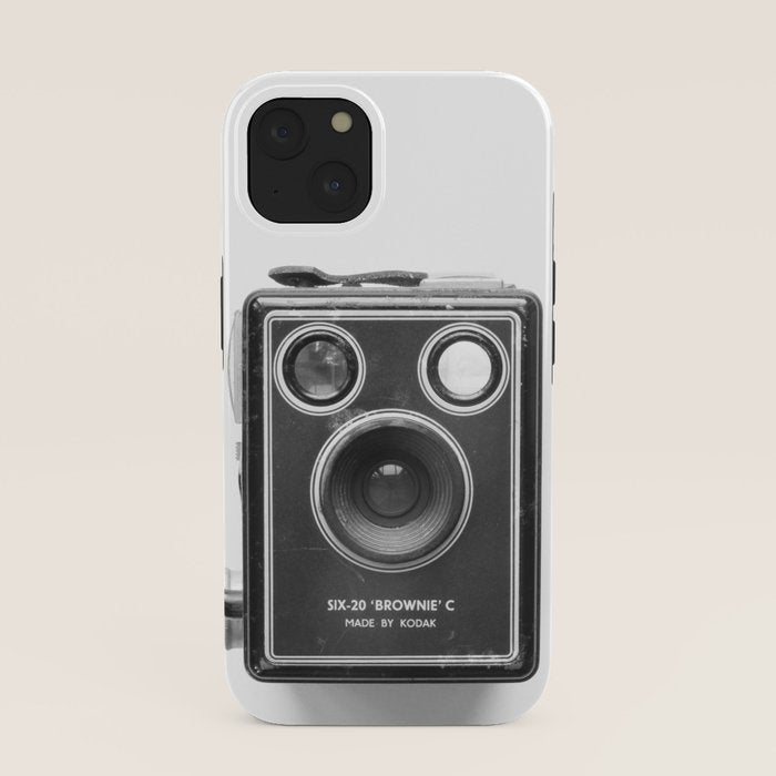 A Kodak Brownie analog vintage camera on a white background  Retro photography in black and white iPhone Case