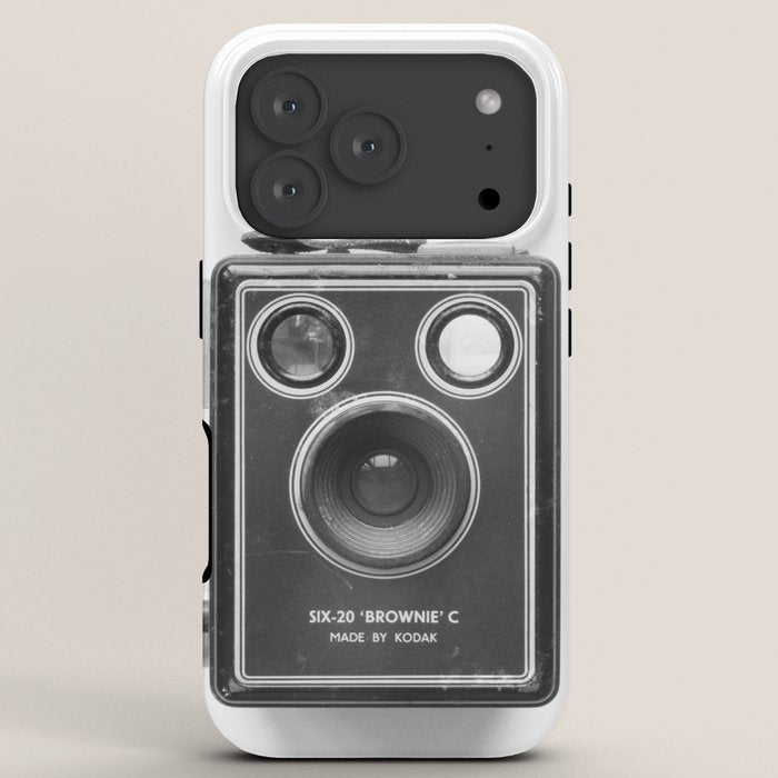 A Kodak Brownie analog vintage camera on a white background  Retro photography in black and white iPhone Case
