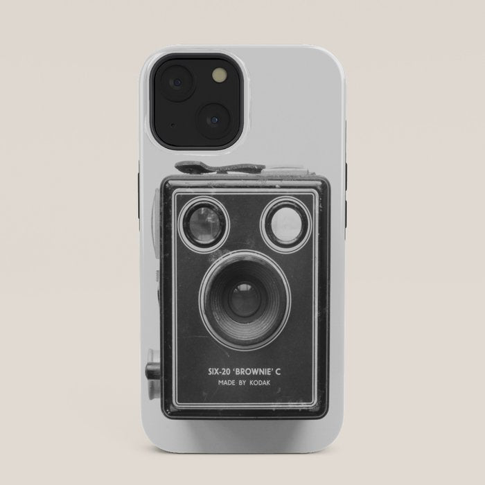 A Kodak Brownie analog vintage camera on a white background  Retro photography in black and white iPhone Case