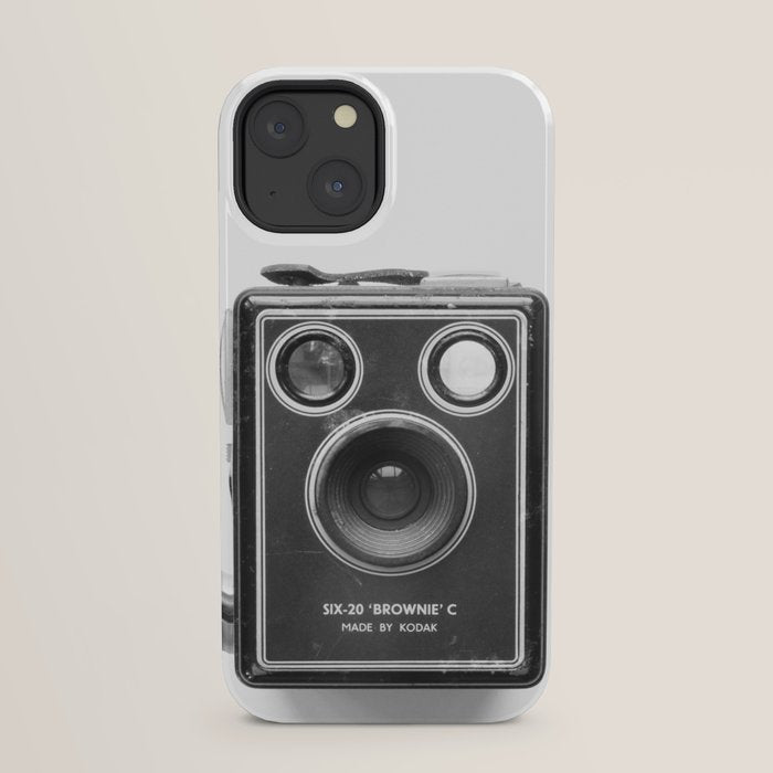 A Kodak Brownie analog vintage camera on a white background  Retro photography in black and white iPhone Case