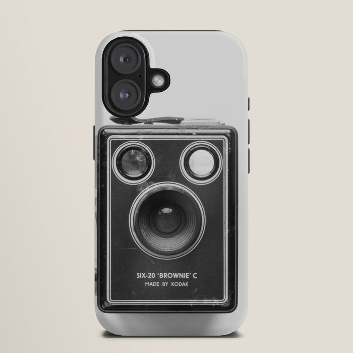 A Kodak Brownie analog vintage camera on a white background  Retro photography in black and white iPhone Case