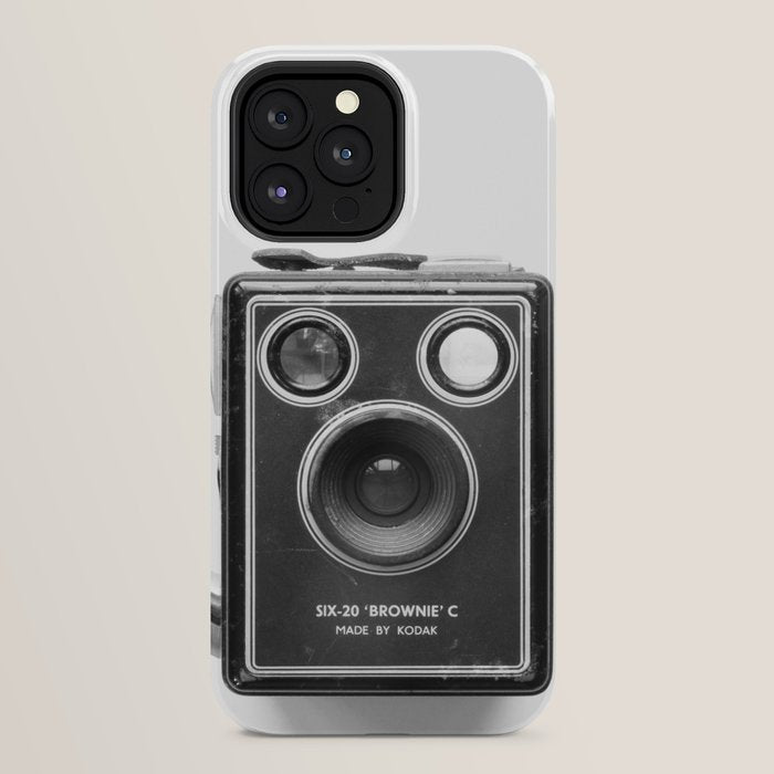 A Kodak Brownie analog vintage camera on a white background  Retro photography in black and white iPhone Case