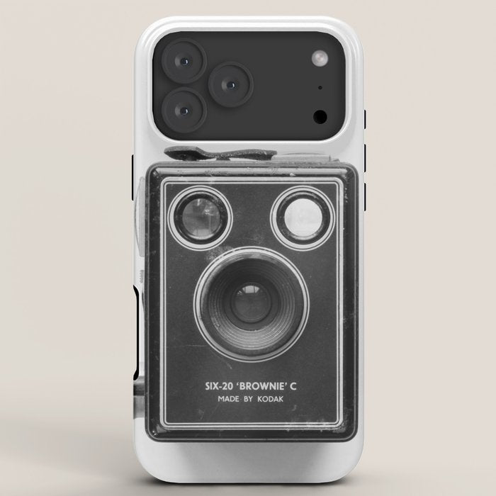 A Kodak Brownie analog vintage camera on a white background  Retro photography in black and white iPhone Case
