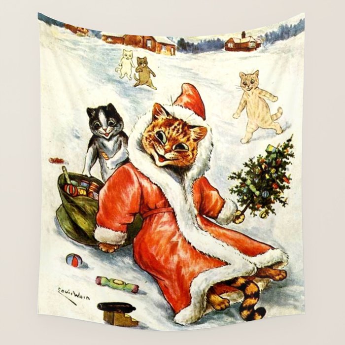 To Wish You A Merry Christmas' by Louis Wain Wall Tapestry