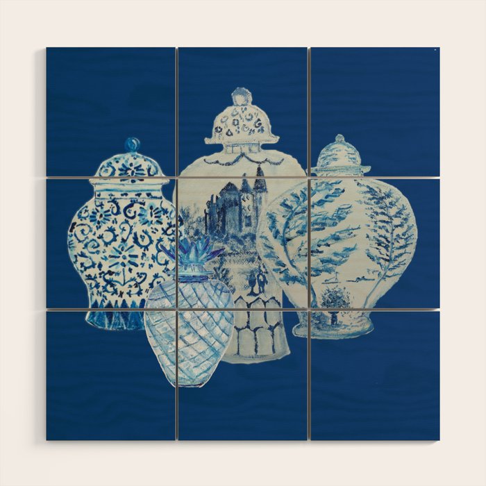 4 Four 4 Blue and White Ginger Jars  Wood Wall Art
