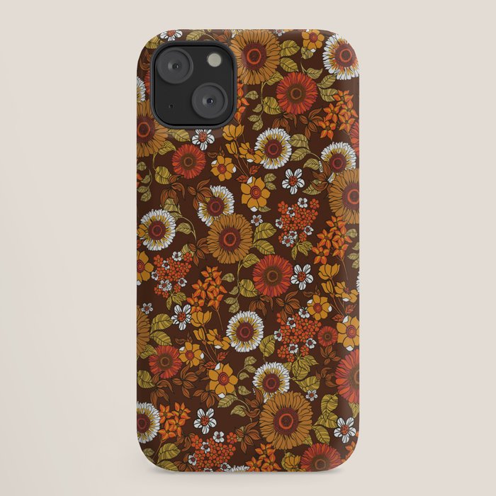 70s retro ditzy flowers, boho, browns, orange, hippie iPhone Case