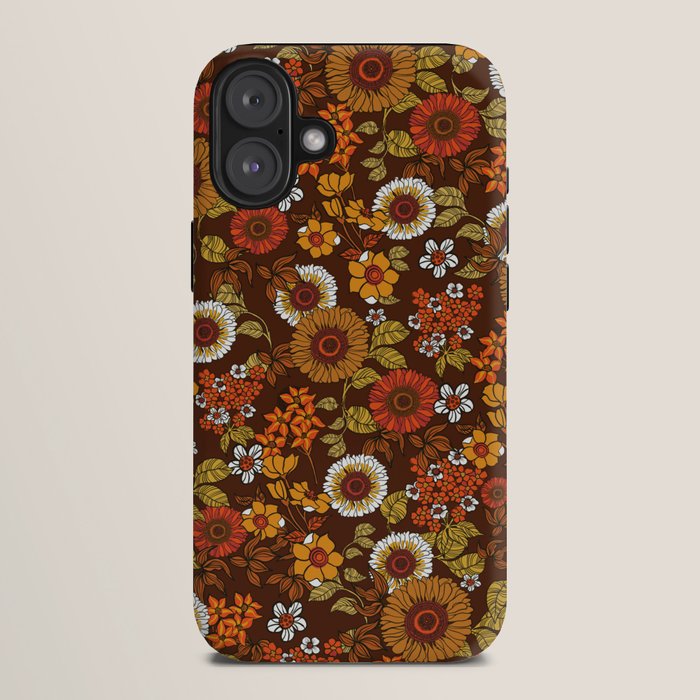 70s retro ditzy flowers, boho, browns, orange, hippie iPhone Case