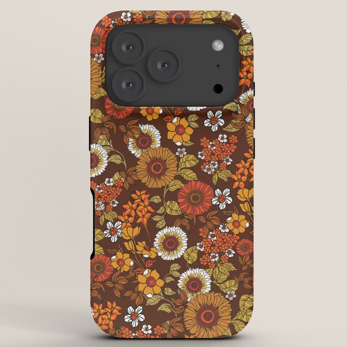 70s retro ditzy flowers, boho, browns, orange, hippie iPhone Case
