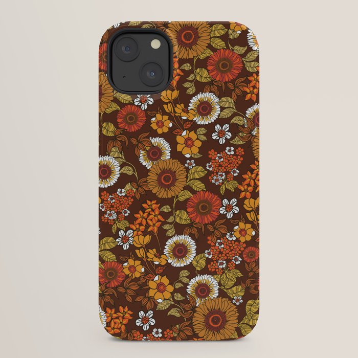 70s retro ditzy flowers, boho, browns, orange, hippie iPhone Case