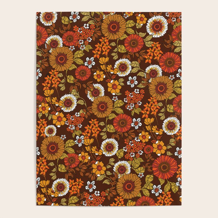 70s retro ditzy flowers, boho, browns, orange, hippie Poster