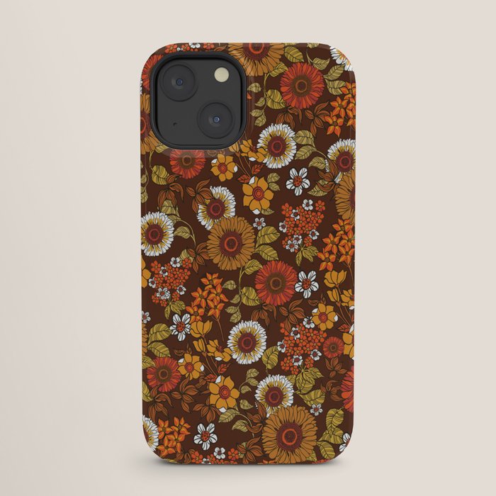 70s retro ditzy flowers, boho, browns, orange, hippie iPhone Case