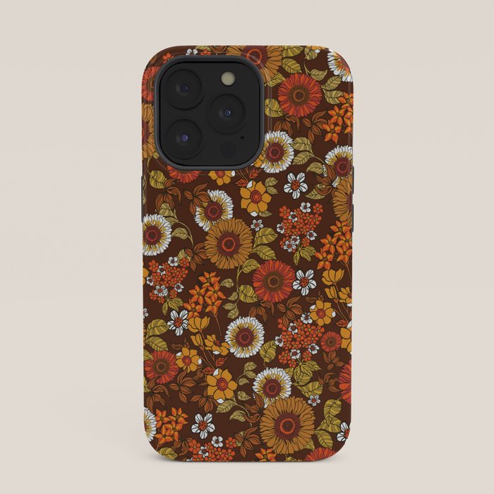 70s retro ditzy flowers, boho, browns, orange, hippie iPhone Case