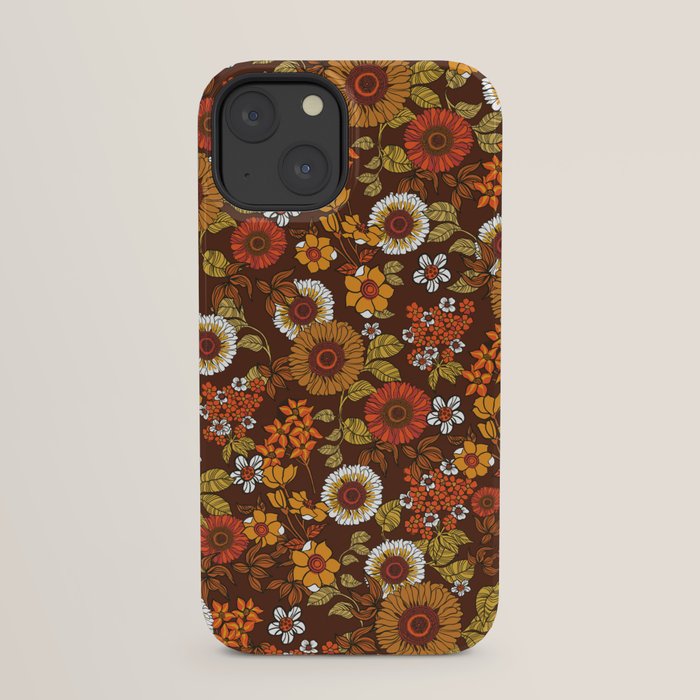 70s retro ditzy flowers, boho, browns, orange, hippie iPhone Case