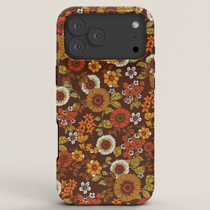 70s retro ditzy flowers, boho, browns, orange, hippie iPhone Case