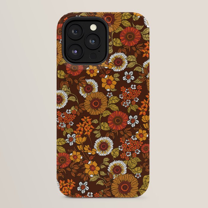 70s retro ditzy flowers, boho, browns, orange, hippie iPhone Case