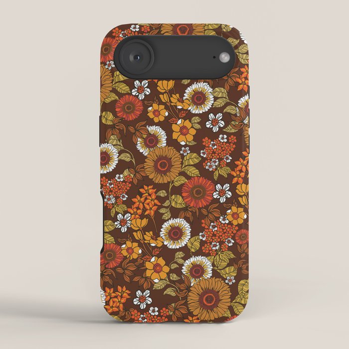 70s retro ditzy flowers, boho, browns, orange, hippie iPhone Case