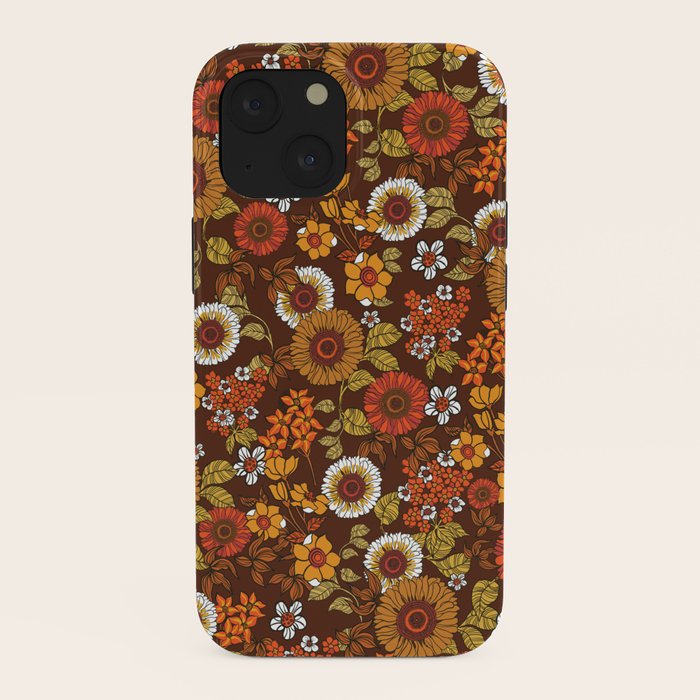 70s retro ditzy flowers, boho, browns, orange, hippie iPhone Case