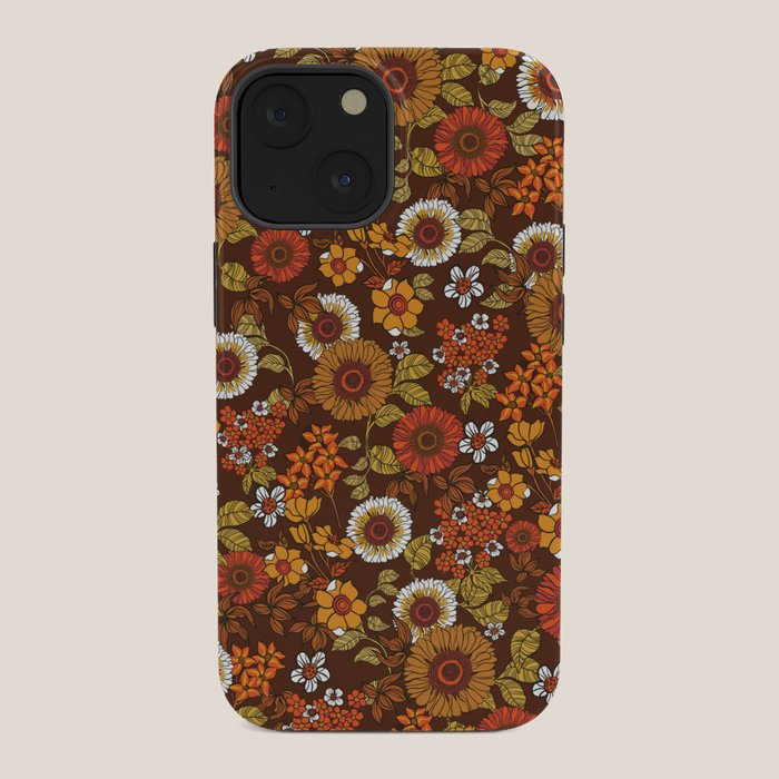 70s retro ditzy flowers, boho, browns, orange, hippie iPhone Case