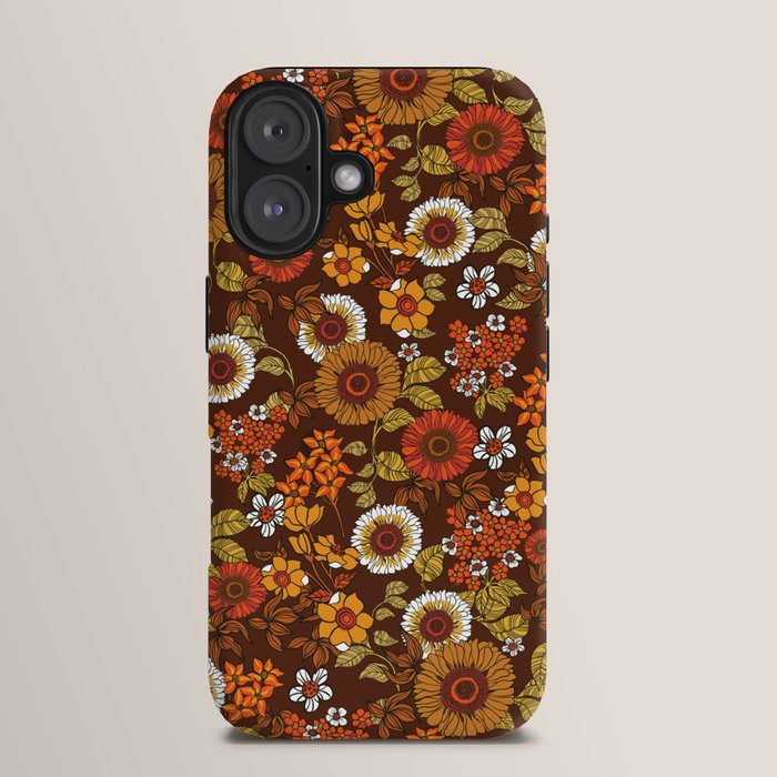 70s retro ditzy flowers, boho, browns, orange, hippie iPhone Case