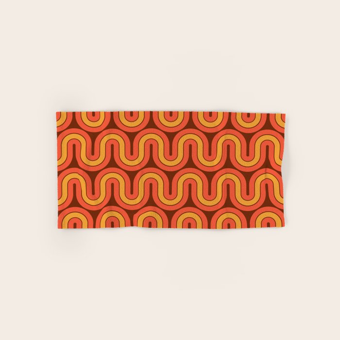 70s Retro Vintage Style Geometric Pattern Autumn Brown Orange and Yellow Bath Towel