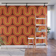 70s Retro Vintage Style Geometric Pattern Autumn Brown Orange and Yellow Wall Mural