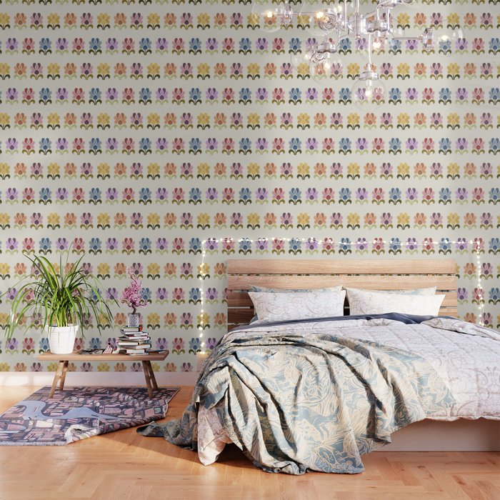 70s Retro Florals Pattern with Linen Texture Wallpaper
