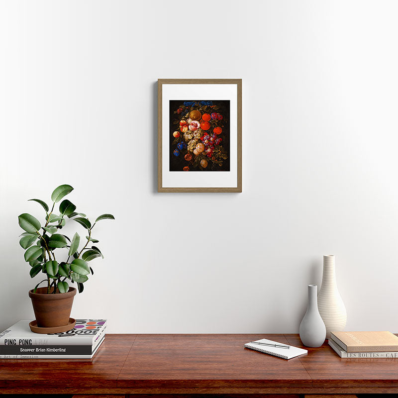 A festoon of fruit hanging from a blue ribbon 1670 still life portrait painting by Cornelis de Heem Framed Art Print
