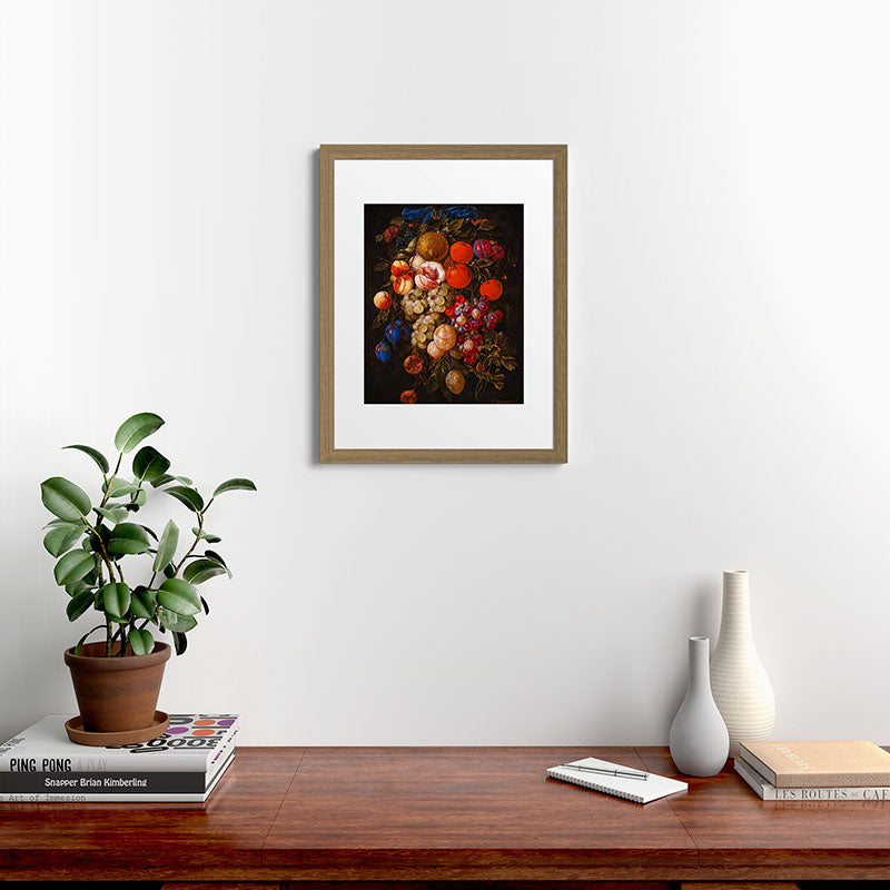 A festoon of fruit hanging from a blue ribbon 1670 still life portrait painting by Cornelis de Heem Framed Art Print