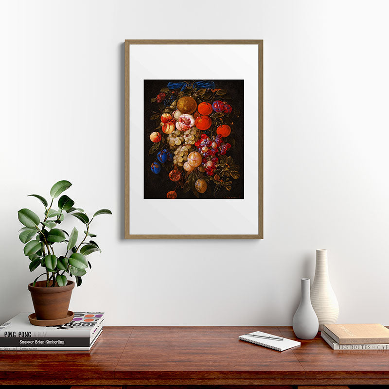 A festoon of fruit hanging from a blue ribbon 1670 still life portrait painting by Cornelis de Heem Framed Art Print