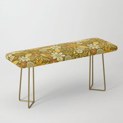 1970s Retro Flowers Pattern in Yellow, Orange & Olive Green Bench