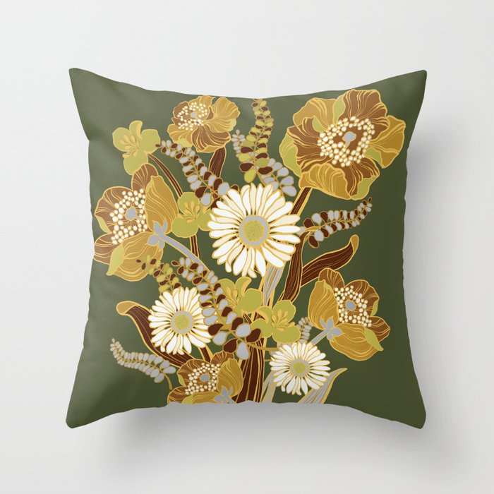 70s, flowers, green, retro, vintage, floral bouquet, olive green Throw Pillow