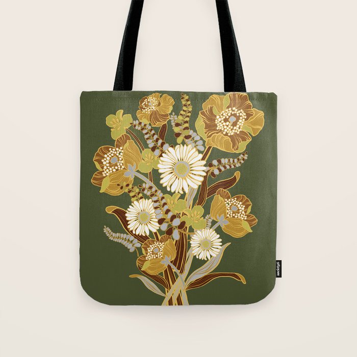 70s, flowers, green, retro, vintage, floral bouquet, olive green Tote Bag
