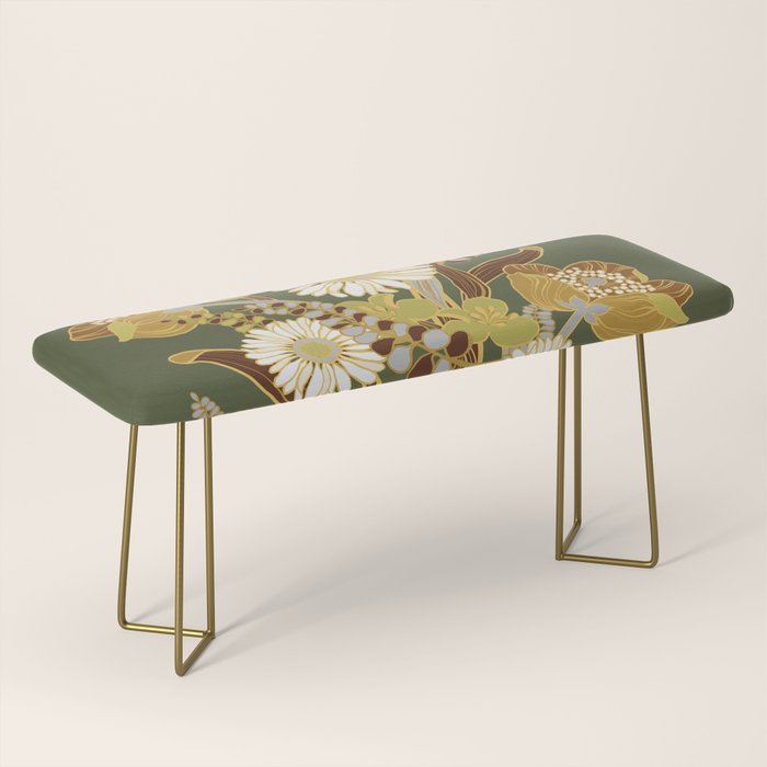 70s, flowers, green, retro, vintage, floral bouquet, olive green Bench