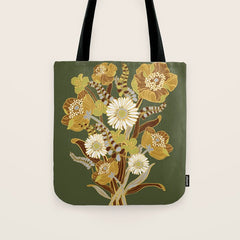 70s, flowers, green, retro, vintage, floral bouquet, olive green Tote Bag