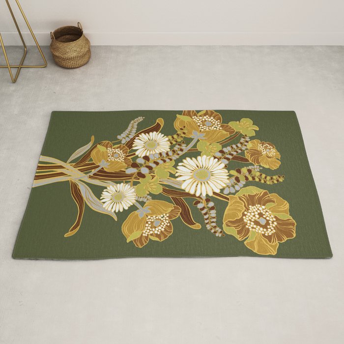 70s, flowers, green, retro, vintage, floral bouquet, olive green Rug