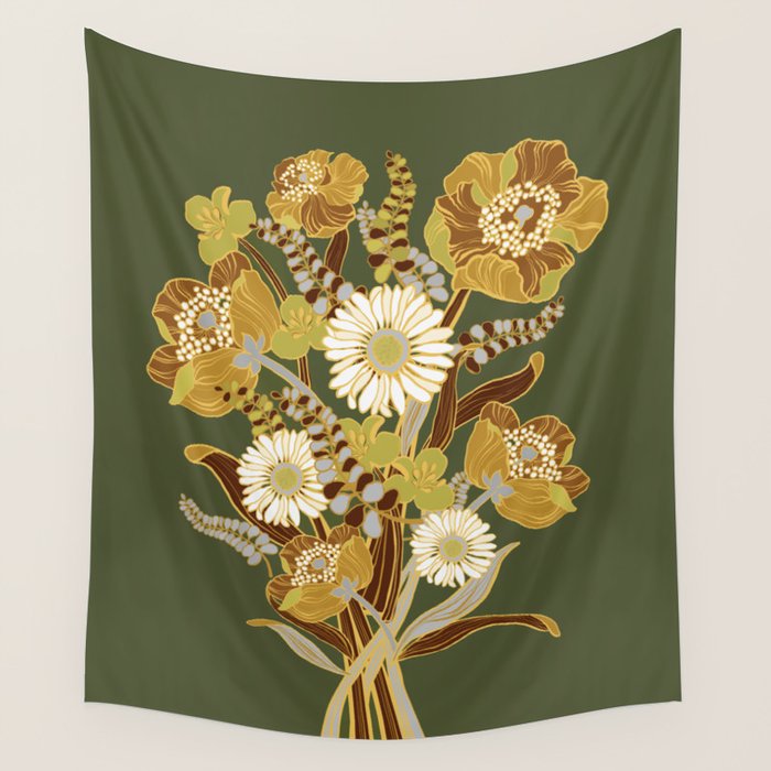 70s, flowers, green, retro, vintage, floral bouquet, olive green Wall Tapestry