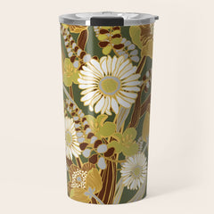 70s, flowers, green, retro, vintage, floral bouquet, olive green Travel Mug