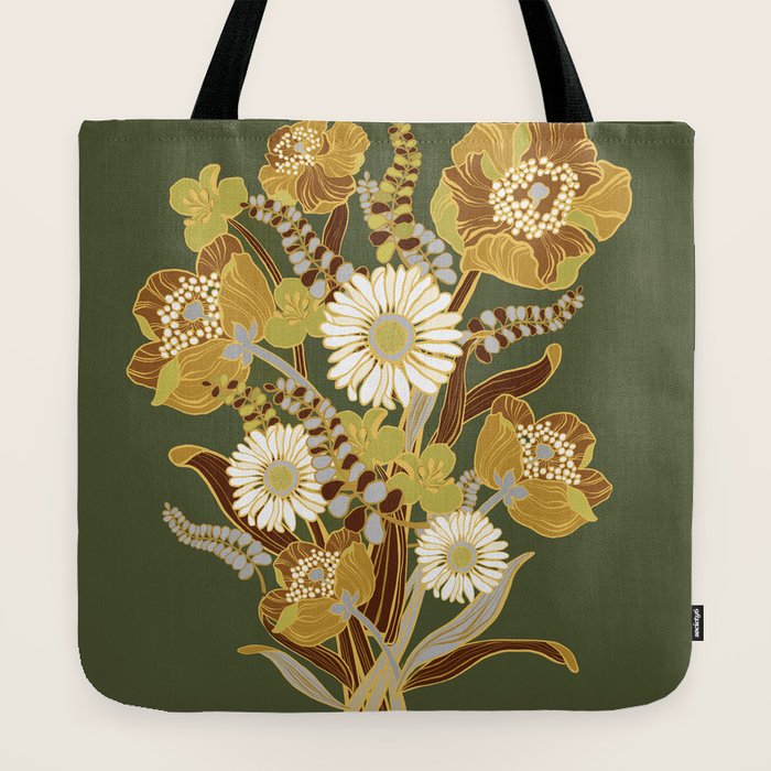 70s, flowers, green, retro, vintage, floral bouquet, olive green Tote Bag