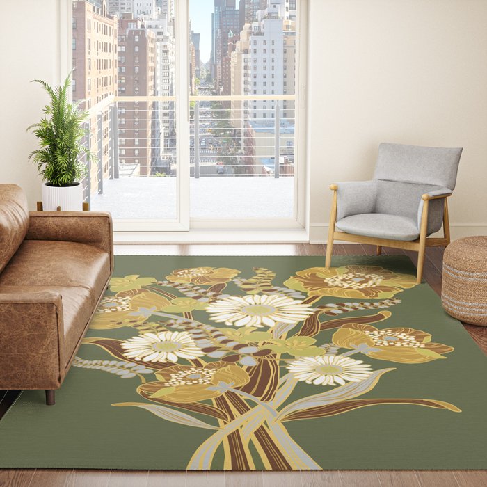 70s, flowers, green, retro, vintage, floral bouquet, olive green Rug