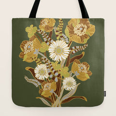 70s, flowers, green, retro, vintage, floral bouquet, olive green Tote Bag
