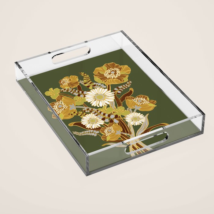 70s, flowers, green, retro, vintage, floral bouquet, olive green Acrylic Tray