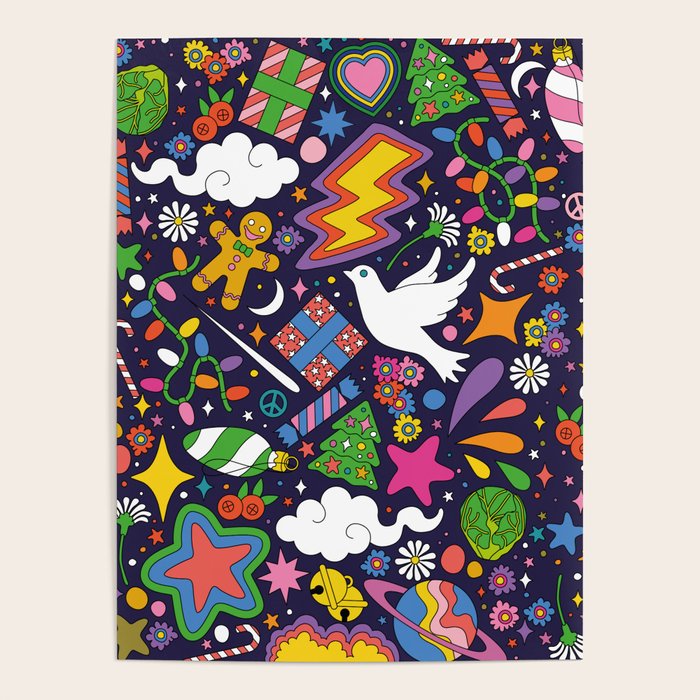 60s 70s psychedelic Modern Christmas Confetti Pattern Poster
