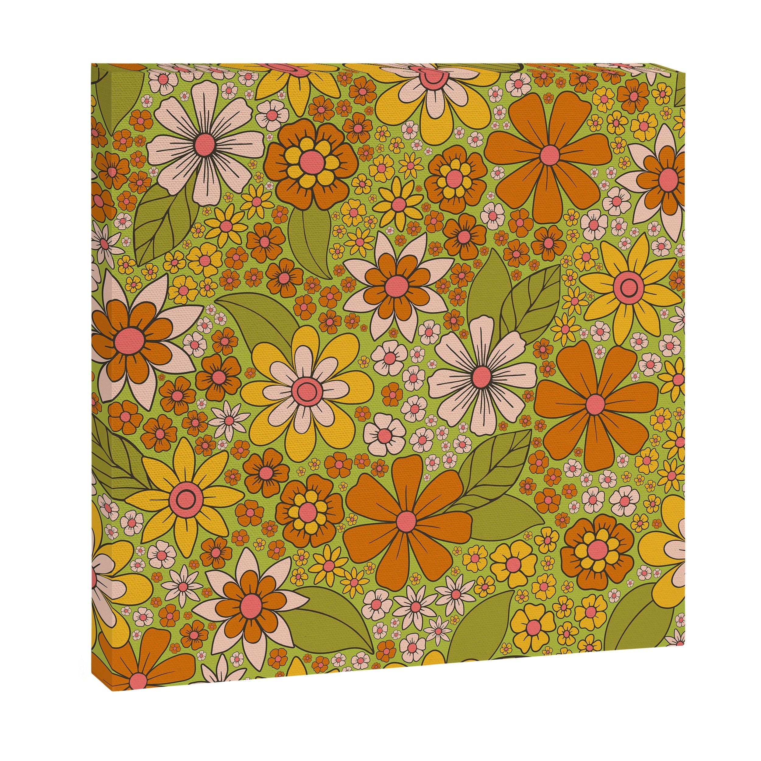 1960s, 1970s Retro Floral in Green, Pink & Orange - Flower Power Canvas Print