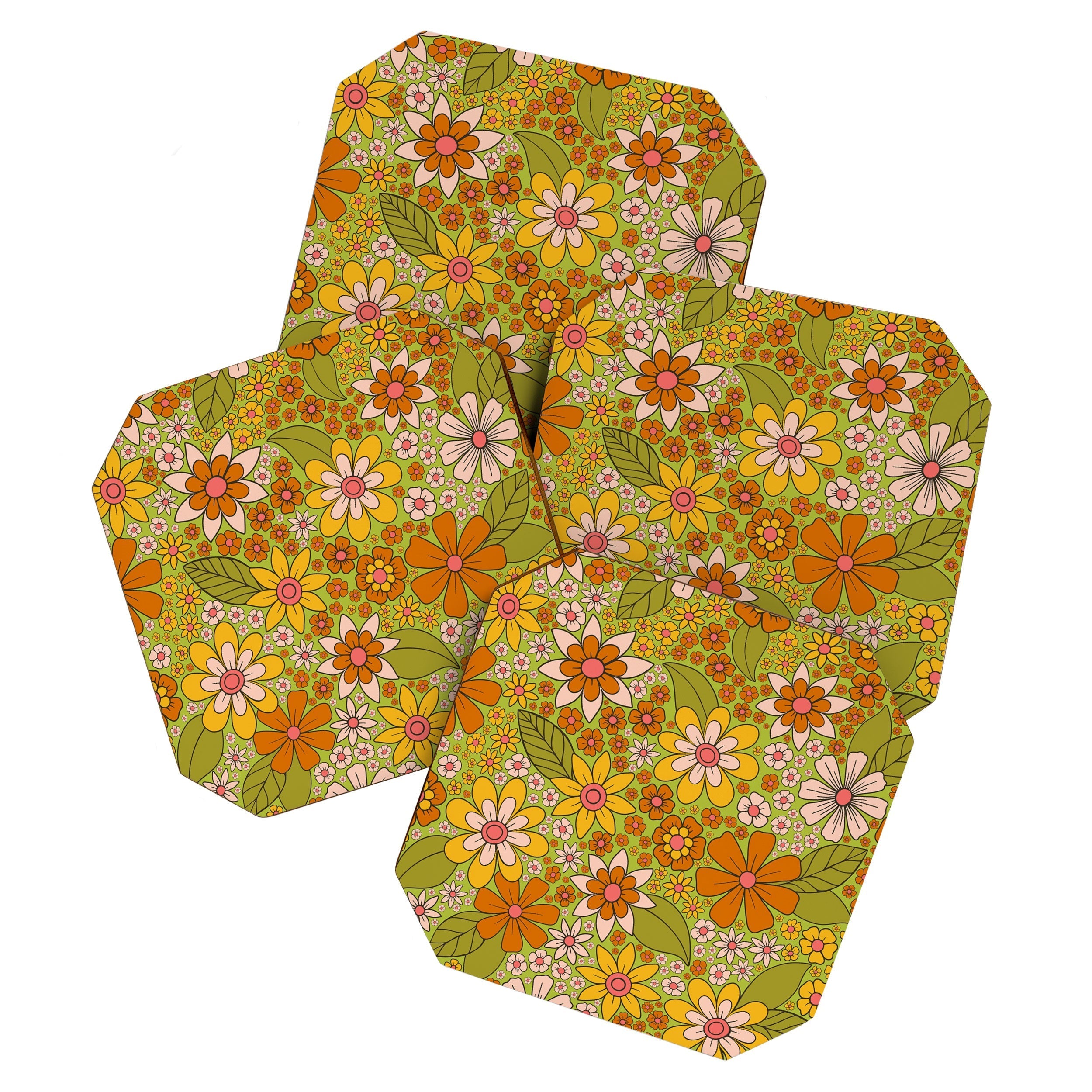 1960s, 1970s Retro Floral in Green, Pink & Orange - Flower Power Coaster