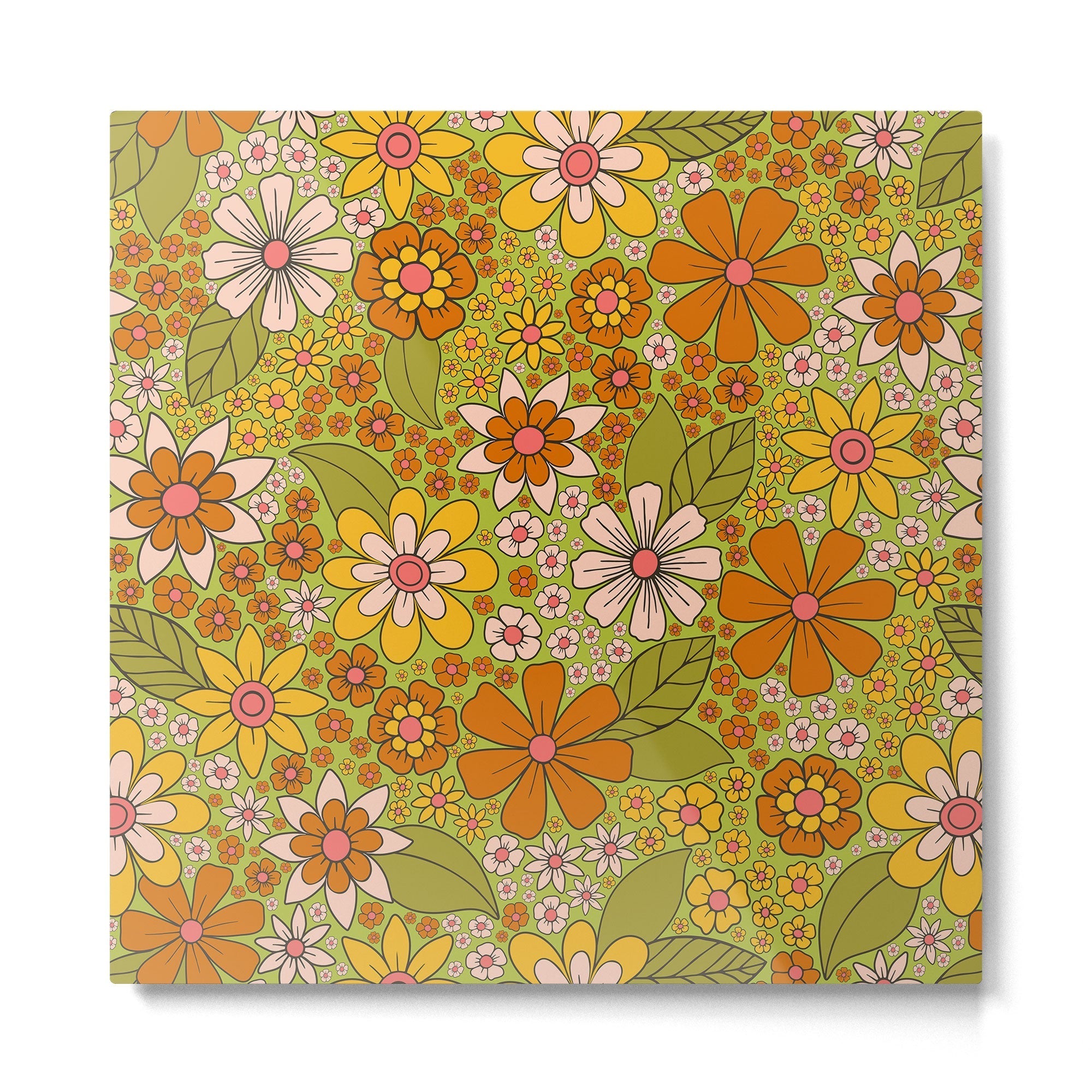 1960s, 1970s Retro Floral in Green, Pink & Orange - Flower Power Metal Print
