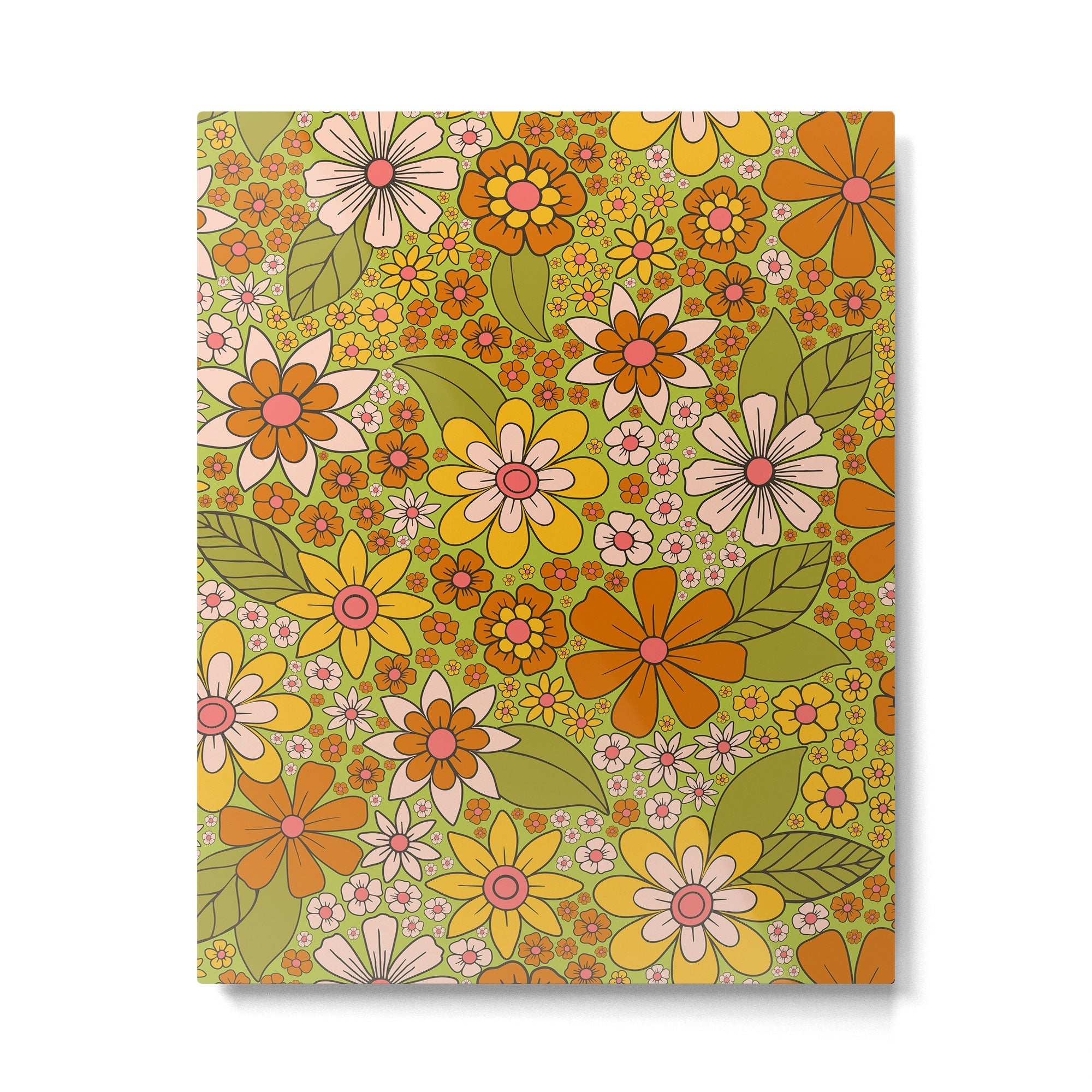 1960s, 1970s Retro Floral in Green, Pink & Orange - Flower Power Metal Print