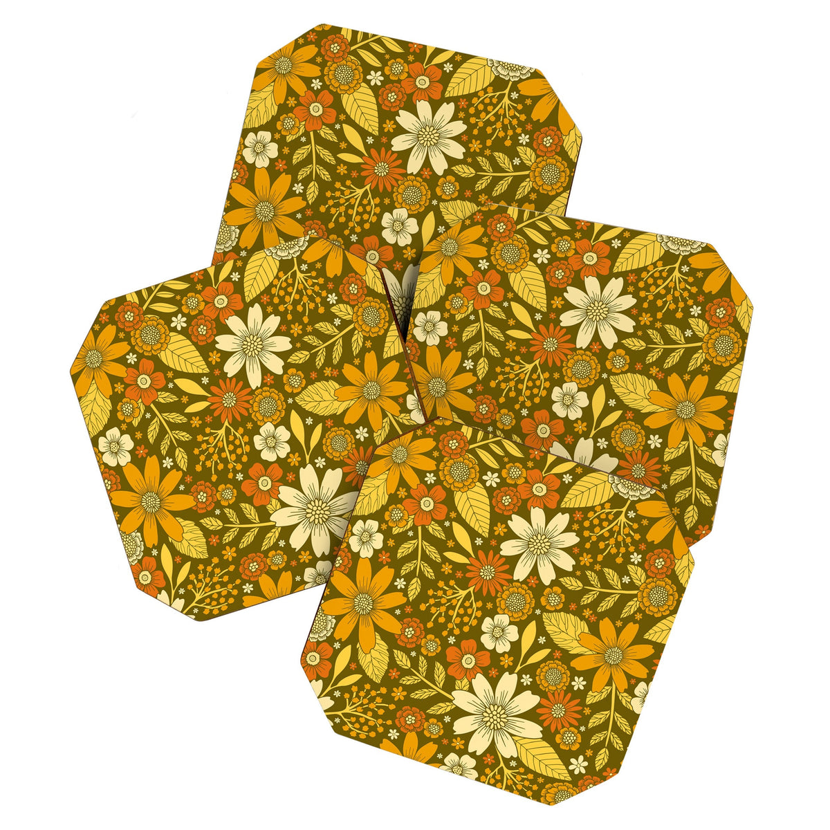 1970s Retro Flowers Pattern in Yellow, Orange & Olive Green Coaster