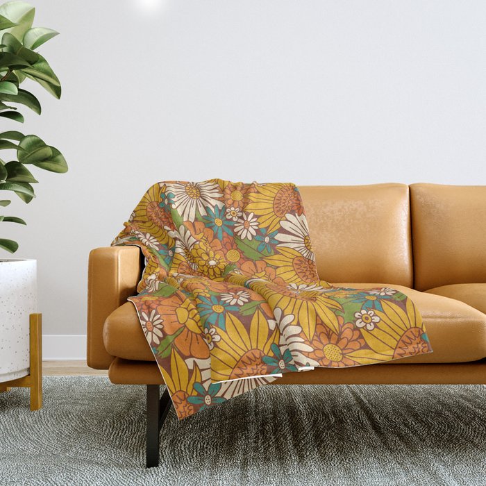 70s Retro Floral Throw Blanket